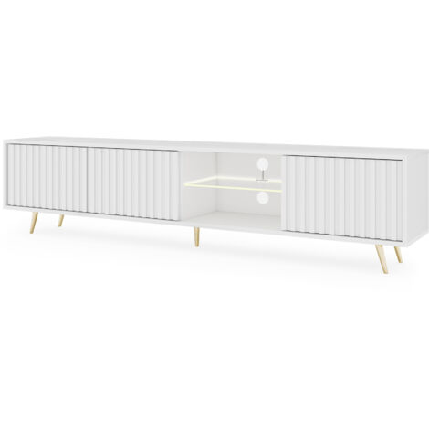 Selsey – Meuble TV 3 portes avec éclairage LED – Longueur 175 cm – Panneaux mélaminés et pieds en acier doré – Blanc moderne