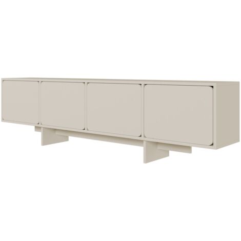 Selsey – Meuble TV 4 portes 200 cm – Gris beige – Panneau de particules stratifié – Système Push-to-Open – Coins arrondis