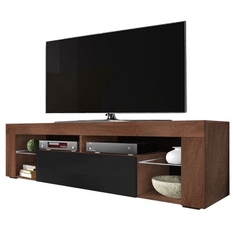 Selsey – Meuble TV 140 cm – Panneaux mélaminés noyer mat et noir brillant – Compartiment fermé et niches ouvertes – Support jusqu'à 55 pouces