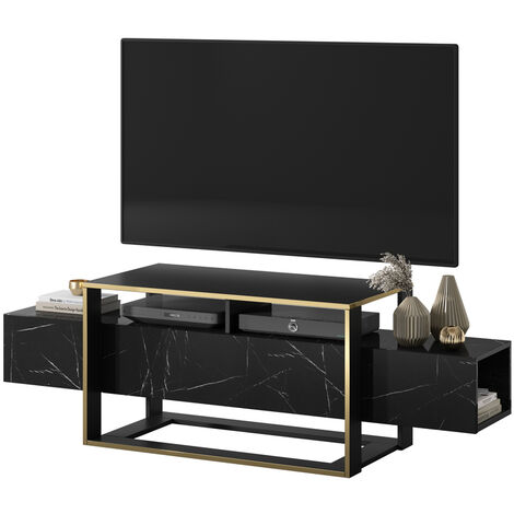 Selsey – Meuble TV décor marbre noir et cadre doré – Dimensions 160x49,8x46,1 cm – Résistant aux rayures et à l'humidité – Style Art Déco