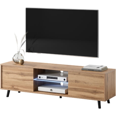 Selsey – Meuble TV moderne 140 cm en chêne wotan – Éclairage LED – 2 compartiments fermés et 2 niches ouvertes – Finition mate