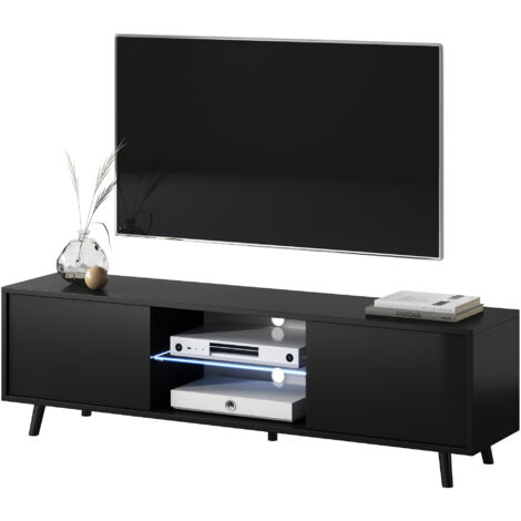 Selsey – Meuble TV moderne 140 cm – Noir mat et brillant – Éclairage LED – 2 compartiments fermés – 2 niches ouvertes – Tablette en verre