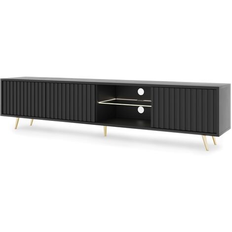 Selsey – Meuble TV moderne 175 cm noir – Façades à lamelles – Pieds en acier dorés – Éclairage LED inclus – 3 compartiments fermés et 2 niches ouvertes
