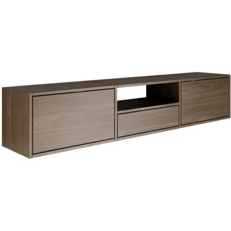 Selsey – Meuble TV mural suspendu 150 cm – 3 abattants – aspect noyer Wisconsin – Mécanisme Push-to-Open – Panneau de particules laminé