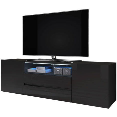 Selsey – Meuble TV noir mat et brillant 137 cm avec éclairage LED – Panneaux mélaminés – 4 compartiments fermés et 2 niches ouvertes