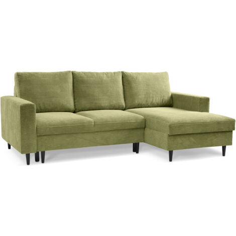 Selsey Nalika - Ecksofa mit Schlaffunktion, Kordsamt-Bezug, pistaziengrün, rechtsseitig