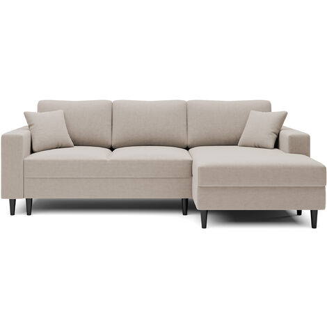 Selsey - Nalika L-förmiges Eckschlafsofa mit Stauraum aus beigem hydrophobem Velours, rechtsseitig