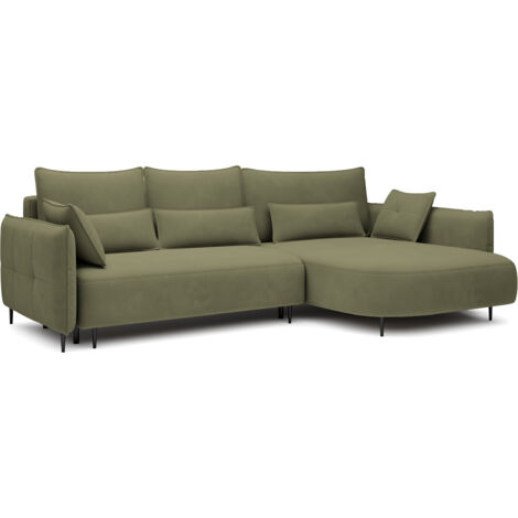 Selsey OBLIVIO - Ecksofa mit Schlaffunktion, Bettkasten, Veloursbezug wasserabweisend Olivgrün, Ottomane rechts