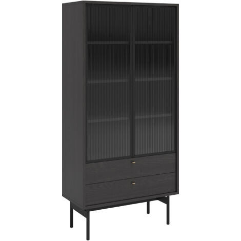Selsey Olar - Vitrine mit 3 Regalböden, Holzoptik Esche Portland Schwarz, 85 cm