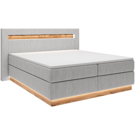 Selsey Oski - Doppelbett, Boxspringbett mit Topper, Beleuchtung und Samtbezug in Hellgrau, 140x200 cm