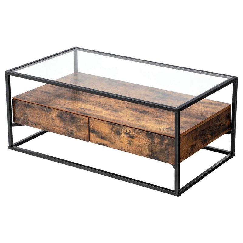 Selsey - RAMIZU - Couchtisch Schwarz/Holzoptik, rechteckig mit Glasplatte und 2 Schubladen, Tischplatte 106 x 57 cm