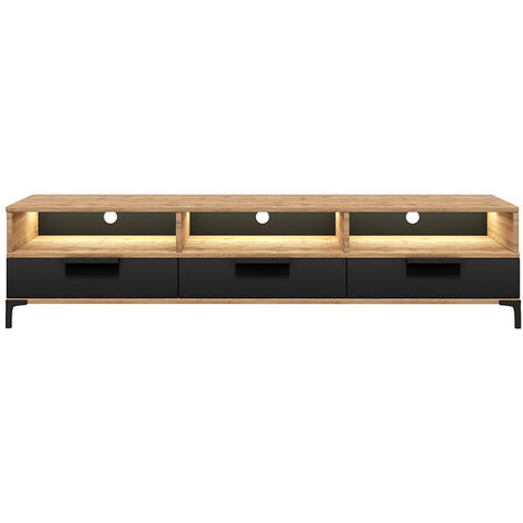 Selsey RIKKE - TV-Lowboard / TV-Tisch mit 3 offenen Fächern, Klappen und Metallfüßen, 160 cm breit (Wotan Eiche Matt / Schwarz Hochglanz mit LED)