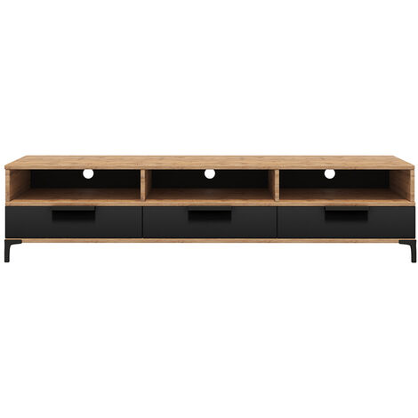 Selsey RIKKE - TV-Lowboard / TV-Tisch mit 3 offenen Fächern, Klappen und Metallfüßen, 160 cm breit (Wotan Eiche Matt / Schwarz Hochglanz ohne LED)