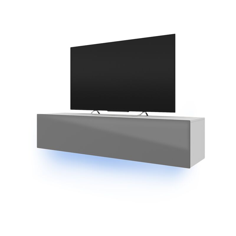 Selsey - SKYLARA - TV-Lowboard modernes TV-Hängeboard mit Klapptür und LED-Beleuchtung (Weiß Matt / Grau Hochglanz, 160 cm, blaue LEDs)