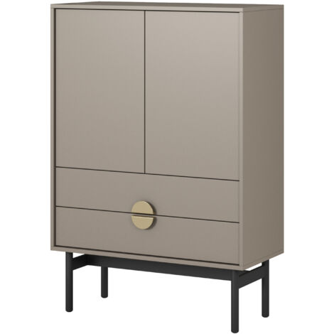 Selsey Stoon - Highboard 2-türig mit 2 Schubladen, Steingrau mit schwarzem Metallgestell, 85 cm