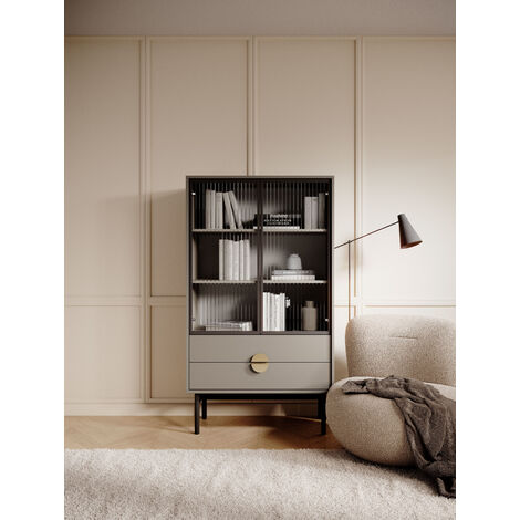 Selsey STOON - Vitrine basse - 85 cm - avec trois étagères et tiroirs - gris pierre