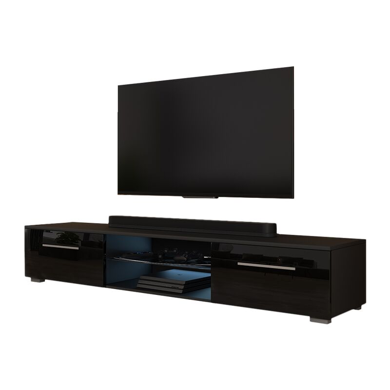 Selsey SYVIS - TV-Board / Fernsehschrank mit 2 Klapptüren/ 2 offenen Fächern/ LED-Beleuchtung, 140 cm (Schwarz Matt / Schwarz Hochglanz)