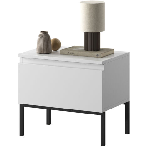 Selsey – Table de chevet blanche avec pieds en acier noir – Dimensions 49x43x32 cm – Panneau stratifié 16 mm – Charge max 8 kg