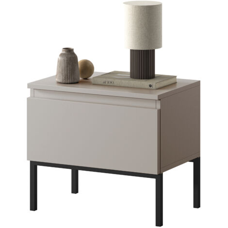 Selsey – Table de chevet taupe 49x43x32cm – Panneau mélaminé et MDF – Pieds en acier noir – Rangement pratique avec étagère