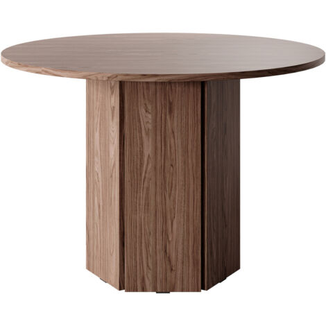 Selsey – Table ronde 110 cm en panneau stratifié Noyer Wisconsin – Résistante aux rayures et à l'humidité – Pied hexagonal noir – Pour 4 personnes