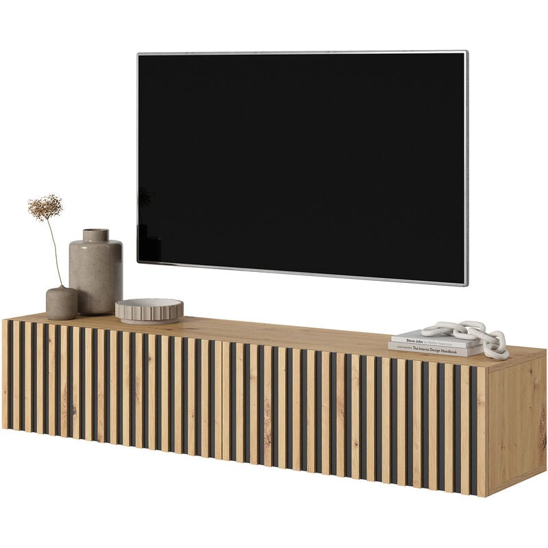 Selsey - telire - Meuble tv 140 cm en chêne artisan avec façade fraisée et inserts noirs