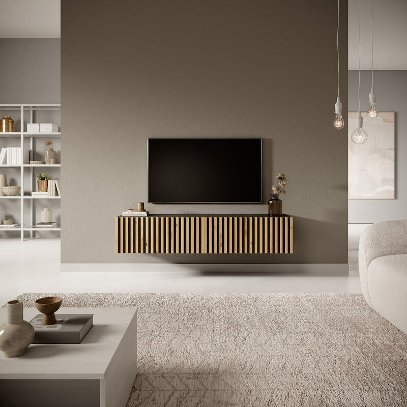 Selsey - telire - Meuble tv 140 cm noir avec façade artisanale chêne fraisé