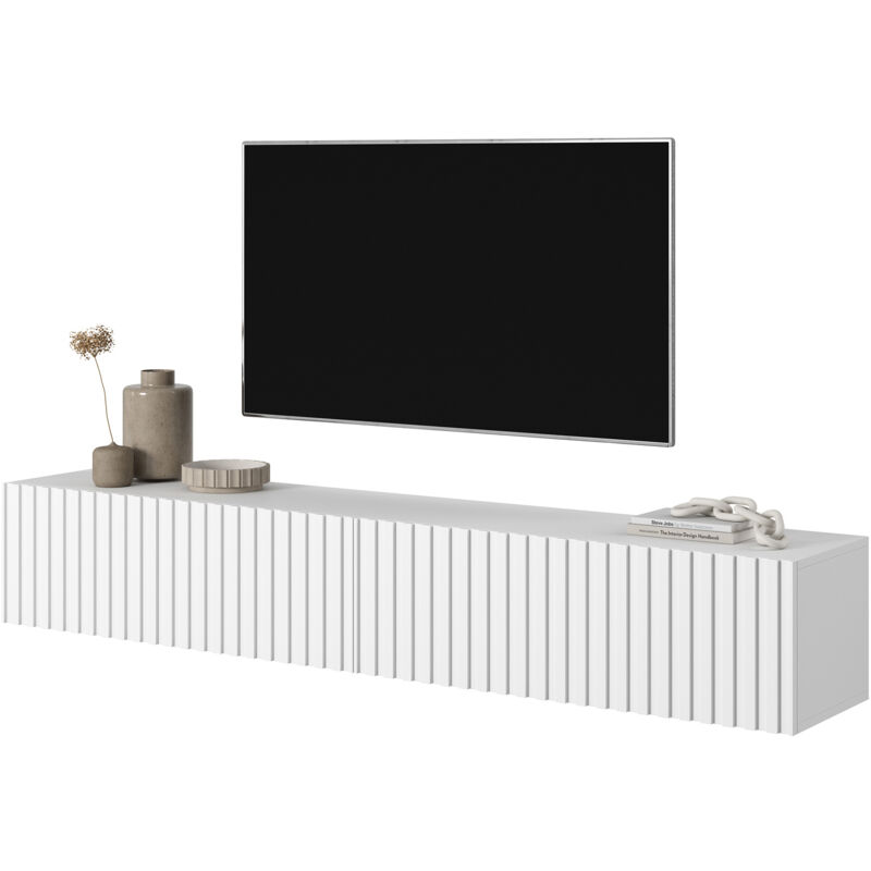 Selsey - telire - Meuble tv 2 portes - 175 cm - Blanc avec façade à lattes