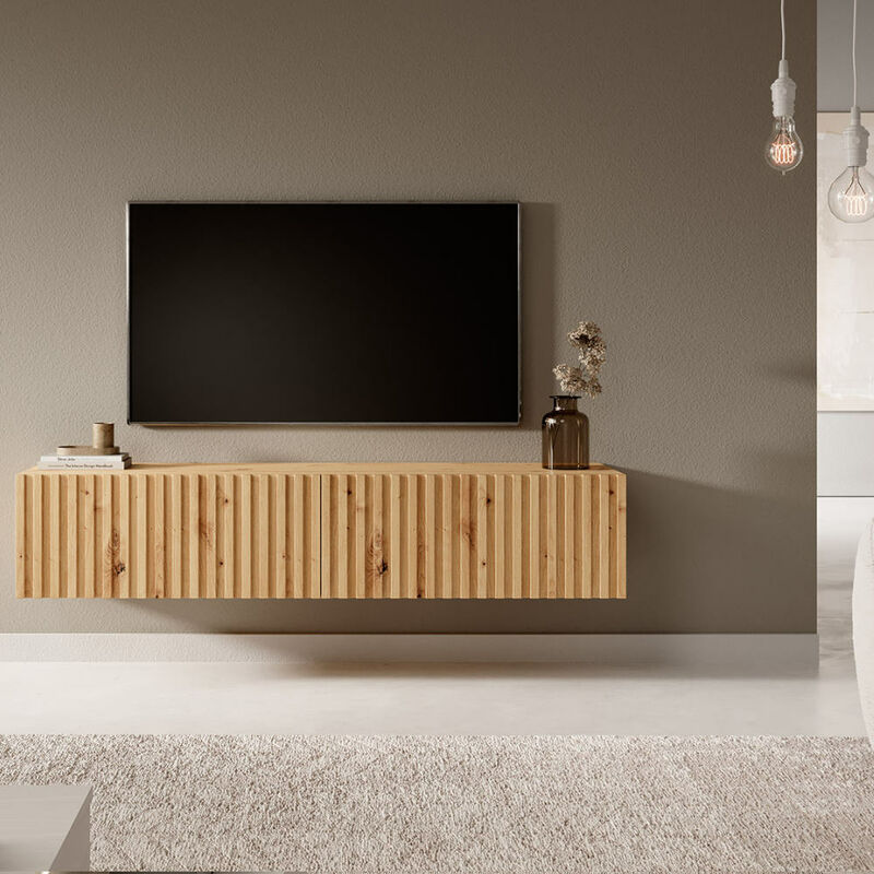 Meuble TV - TELIRE - Meuble TV 140 cm en ch&ecirc;ne artisan avec fa&ccedil;ade frais&eacute;e