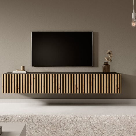 Meuble TV sobre avec cheminée électrique Bjordal 19, Couleur : Blanc mat /  Chêne sterling - Dimensions : 45 x 180 x 40 cm (h x l x p), avec fonction  push-to-open