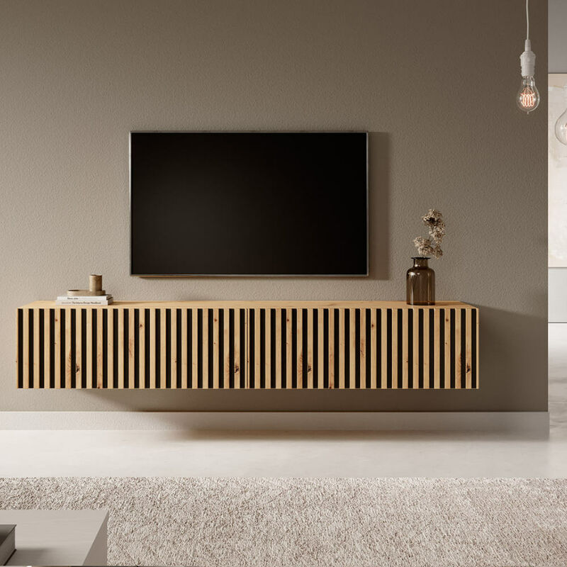 Selsey - telire - Meuble tv 175 cm en chêne artisan avec façade fraisée et inserts noirs