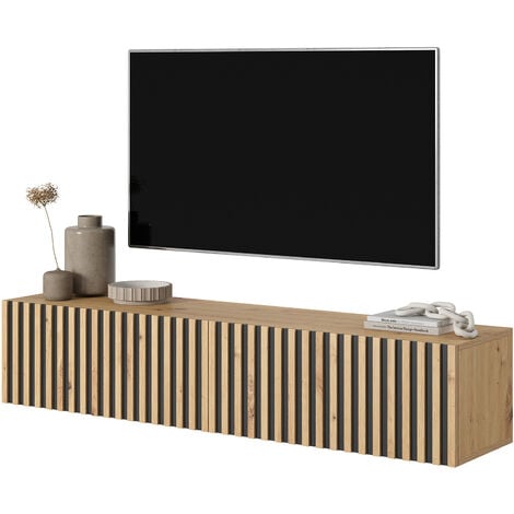 Selsey Telire - Mueble de TV colgante - roble artesano con frente de listones e inserciones negras - 140 cm