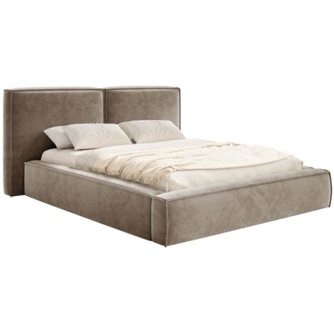 Selsey TILVES – lit tapissé 180x200 avec coffre, sommier à lattes, velours, brun clair
