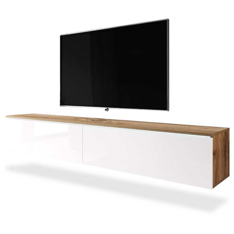 Selsey - TV-Lowboard KANE in Wotan Eiche/Weiß Hochglanz, hängend/stehend, modern, 2 Klappen, weiße LED-Beleuchtung, 180 cm