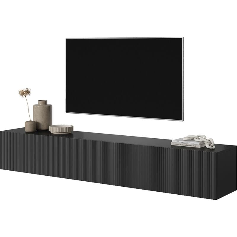 Selsey VELDIO - Meuble TV 175 cm noir avec façade fraisée