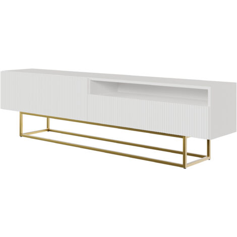 Selsey VELDIO - Mueble TV con compartimento abierto, blanco con patas de metal dorado, 175 cm