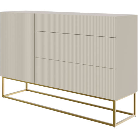 Selsey VELDIO - Sideboard Kommode mit 3 Schubladen, Graubeige Taupe mit goldenem Metallgestell, 140 cm breit