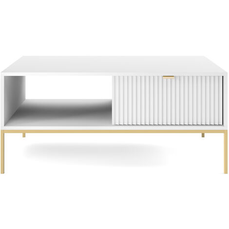 Selsey Vellore - Couchtisch Wohnzimmertisch mit Schublade, Weiß mit goldenen Metallbeinen, 104x68 cm