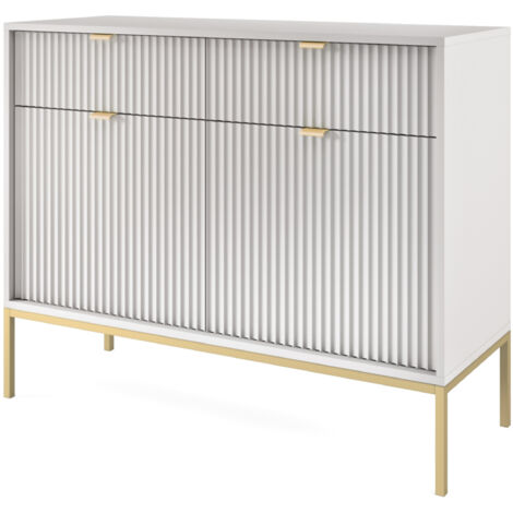 Selsey VELLORE - Sideboard Kommode 2-türig mit 2 Schubladen, Grau mit geriffelten Fronten und goldenen Metallbeinen, 104 cm
