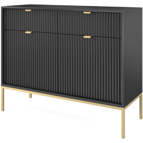 Selsey VELLORE - Sideboard Kommode 2-türig mit 2 Schubladen, Schwarz mit geriffelten Fronten und goldenen Metallbeinen, 104 cm