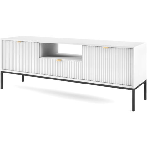 Selsey VELLORE - TV-Element Fernsehschrank - Weiß mit geriffelten Fronten und schwarzen Metallbeinen, 154 cm