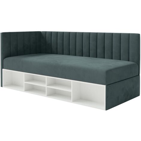 Selsey Ventrio - Jugendbett linksseitig mit Regalen, Easy-Clean-Samtbezug, blaugrau