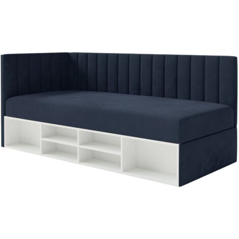 Selsey Ventrio - Jugendbett linksseitig mit Regalen, Easy-Clean-Samtbezug, dunkelblau