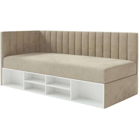 Selsey Ventrio - Jugendbett linksseitig mit Regalen, Easy-Clean-Samtbezug, graubeige