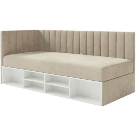 Selsey Ventrio - Jugendbett linksseitig mit Regalen, Easy-Clean-Samtbezug, hellbeige