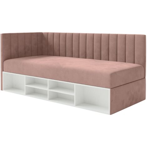 Selsey Ventrio - Jugendbett linksseitig mit Regalen, Easy-Clean-Samtbezug, hellrosa