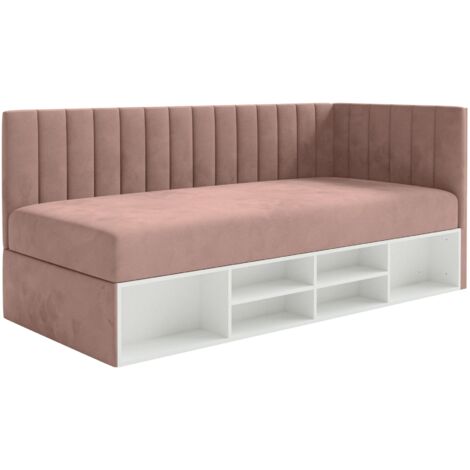 Selsey Ventrio - Jugendbett linksseitig mit Regalen, Easy-Clean-Samtbezug, hellrosa