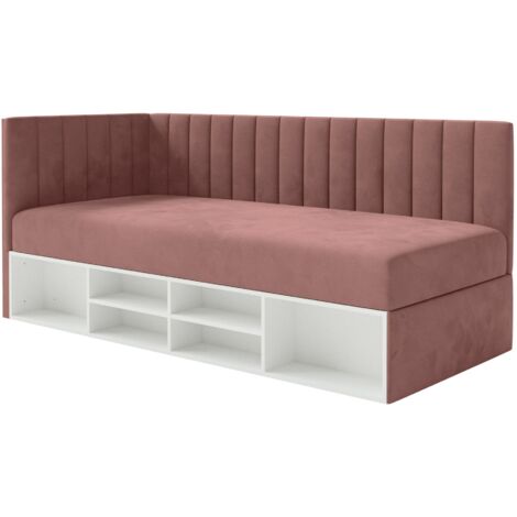 Selsey Ventrio - Jugendbett linksseitig mit Regalen, Easy-Clean-Samtbezug, rosa