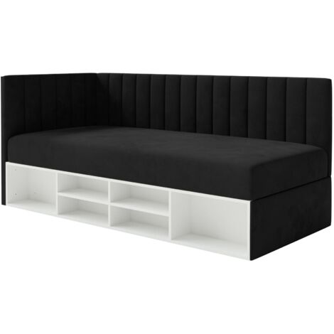 Selsey Ventrio - Jugendbett linksseitig mit Regalen, Easy-Clean-Samtbezug, schwarz