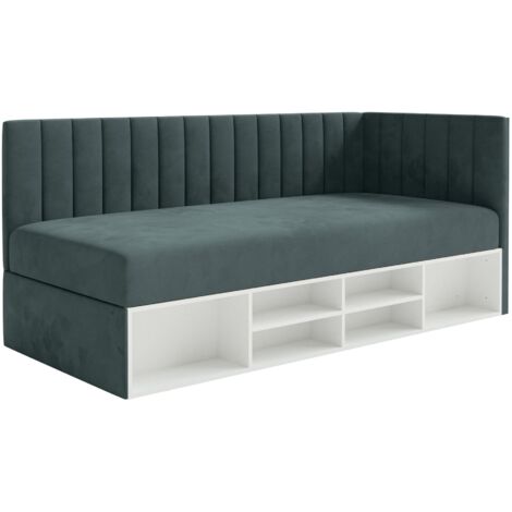 Selsey Ventrio - Jugendbett rechtsseitig mit Regalen, Easy-Clean-Samtbezug, blaugrau