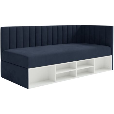 Selsey Ventrio - Jugendbett rechtsseitig mit Regalen, Easy-Clean-Samtbezug, dunkelblau